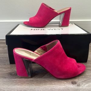 Nine West Gemily Pink Suede Leather Block-Heel Mules Size 6.5